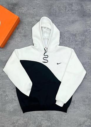 Мужское худи nike белое с черным на флисе кофта найк с капюшоном утепленная (b)