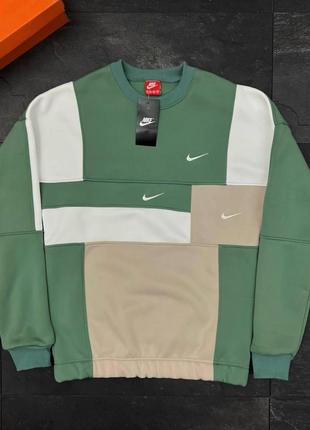 Мужской свитшот nike триколор зеленый на флисе кофта найк без капюшона утепленная (b)