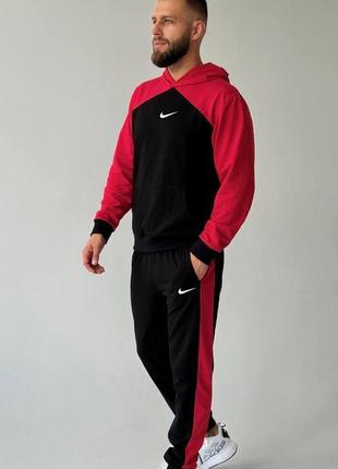 Мужской спортивный костюм nike худи + штаны черный с красным комплект найк весенний осенний (b)