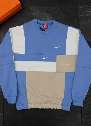 Мужской свитшот nike триколор голубой на флисе кофта найк без капюшона утепленная (b)