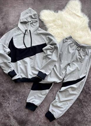 Мужской зимний спортивный костюм nike big swoosh серый с капюшоном комплект найк худи + штаны на флисе (b)