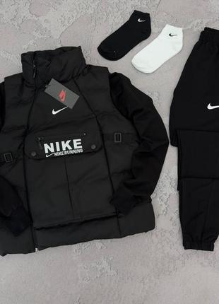 Мужской спортивный костюм nike + жилетка + носки в подарок черный найк без капюшона весенний осенний (b)