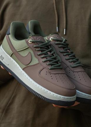 Мужские кроссовки nike air force коричневые с хаки кожаные + текстиль демисезонные (b)