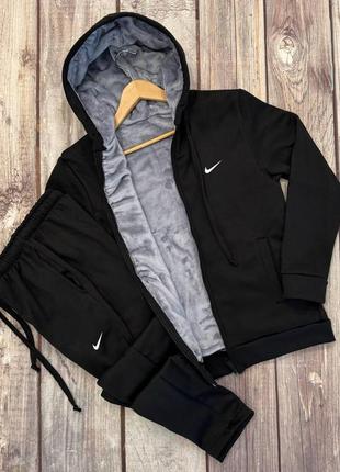 Чоловічий зимовий спортивний костюм nike на хутрі чорний з капюшоном комплект найк хутряний (b)