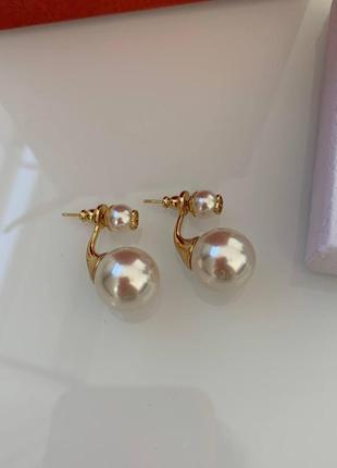 Брендовые серьги диор/dior, позолота / серьги диор 2 жемчужинки / серьги шарики диор