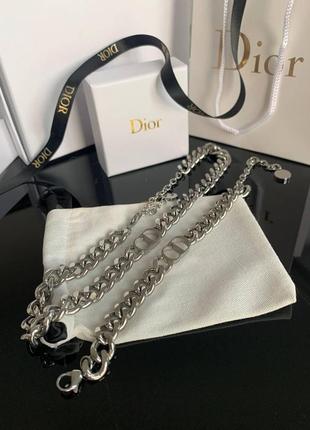 Брендовый браслет и подвеска диор/dior, посеребрение / чокер диор и браслет цепь покрытие серебро 925