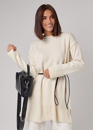 Жіноча в'язана туніка oversize із розрізами з боків - бежевий цвет, s (є розміри)