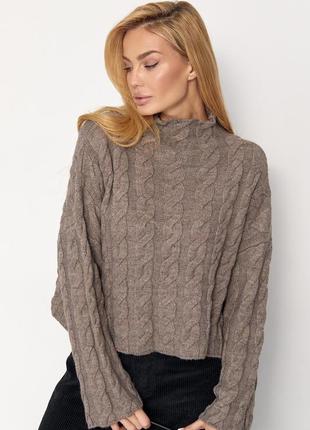 В'язаний  светр із косичками - кавовий цвет, one size (є розміри)