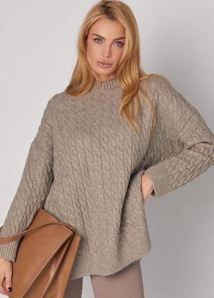 Жіночий в'язаний джемпер з косичками - кавовий цвет, one size (є розміри)