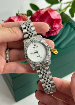 Жіночий годинник ролекс з камінням swarovski срібло з білим циферблатом