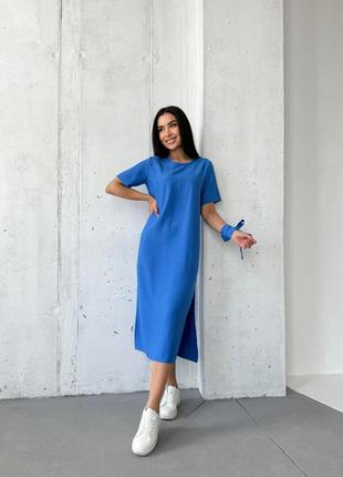 Платье миди женское платье - футболка летнее весеннее свободное прямого кроя с поясом лавандовое синее чёрное оливковое эко лен льняное4 фото