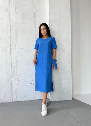 Платье миди женское платье - футболка летнее весеннее свободное прямого кроя с поясом лавандовое синее чёрное оливковое эко лен льняное7 фото