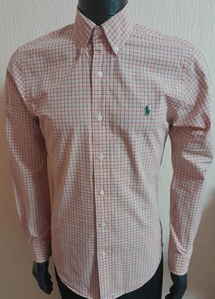 Практичная хлопковая рубашка в персиковую полоску polo ralph lauren slim fit made in sri lanka