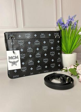 Женская сумка mcm crossbody pouch in visetos original черная с синим  wb062