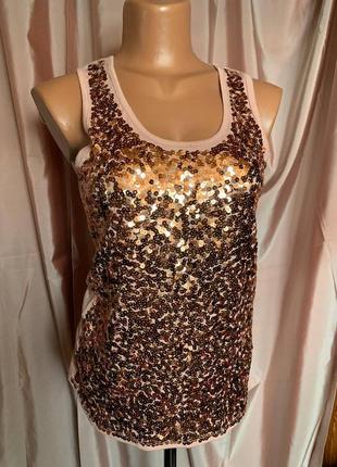 Майка в золотые пайетки george бежевая