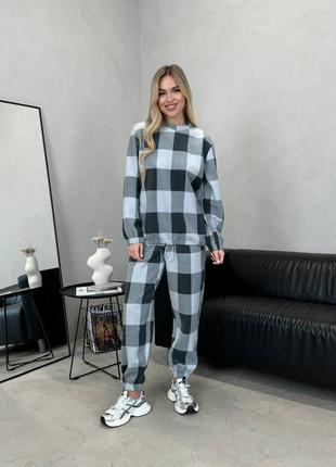 Тепла флісова піжама в клітинку кофта + джогери, піжама з полар флісу з кофтою, картата піжамка жіноча, 079