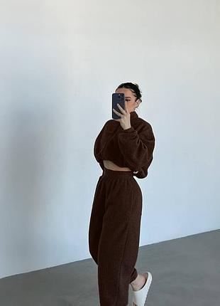 Теплый костюм кофта с затяжками и штаны барашек черный, графит, беж, шоколад