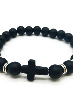 Мужской браслет из шунгита черный с крестом