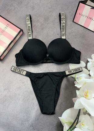 Комплект женский victoria’s secret model rhinestone топ+трусики черный kk001