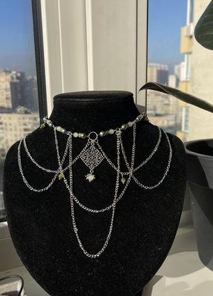 Изысканное колье из цепочек и кошачьего глаза, ожерелье с натуральными камнями