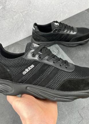 Літні чоловічі кросівки сітка adidas/адідас чорні спортивні на літо *а30 чор/сет*