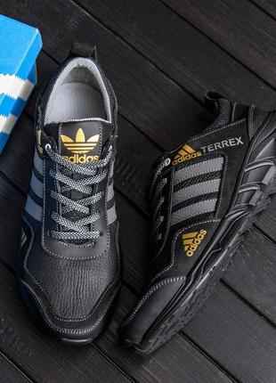 Осенние мужские кожаные кроссовки noir adidas terrex адидас черные спортивные из натуральной кожи весна осень *524*5 фото