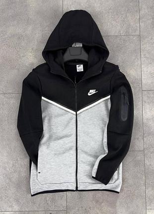 Мужская двухцветная зипка n!ke tech fleece на молнии чёрно-серая, с qr кодом