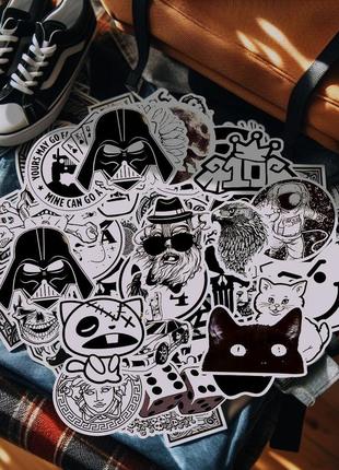 Набор виниловых наклеек, стикеров, черно белые наклейки, авто, велосипед, ноутбук. стикербомбинг 50 шт