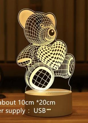 Ночник 3d от usb мишка сердце
