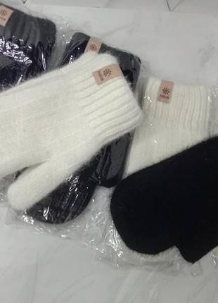 Перчатки ангоровые, женские теплые зимние черные и белые