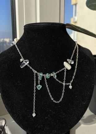 Украшение с натуральными камнями, асимметричное ожерелье с цепочкой
