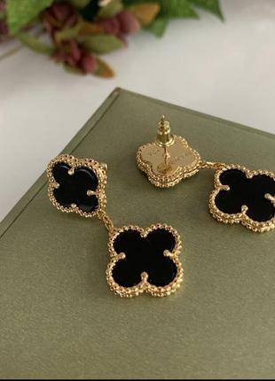 Серьги на 2 элемента vancleef ванклиф черные покрытие лимонным золотом 18 к / левер сережки позолота