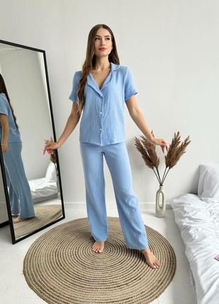 Жіноча муслінова двойка рубашка на ґудзиках і штани s m l xl
