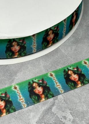 Репсовая лента 2,5 см с рисунком-малка (бирюзово-зеленый), метр, ассорти