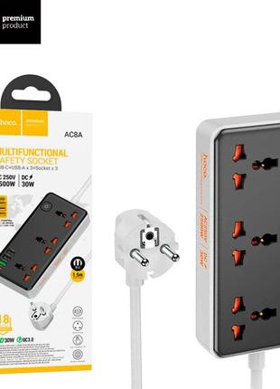 Сетевой удлинитель hoco ac8a 3usb 3 розетки black