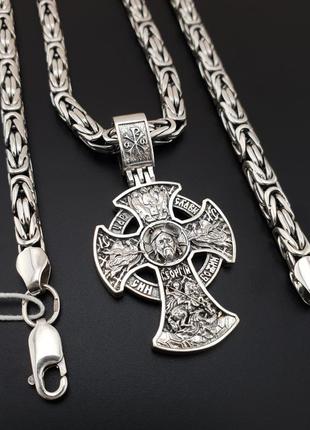 Товста чоловіча срібна цепочка лисячий хвіст і освячений кулон хрестик православний. довжина 55 см