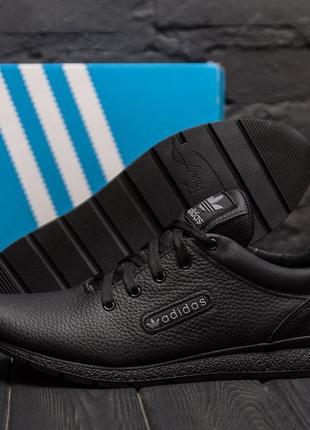 Осенние весенние мужские кожаные кроссовки noir adidas (адидас) черные из натуральной кожи весна осень *19 yv*