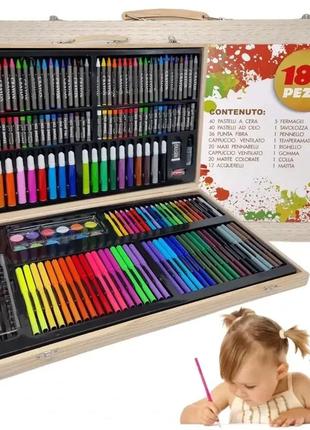 Дитячий набір для малювання на art set 180 предметів у дерев'яній валізі