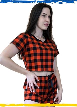 Жіноча піжама топ і шорти червона в клітинку s, m, l, xl