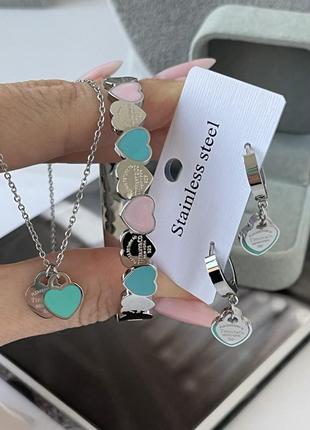 Серьги, подвеска и браслет с сердечками тиффани из медицинского золота stainless steel, позолоченный