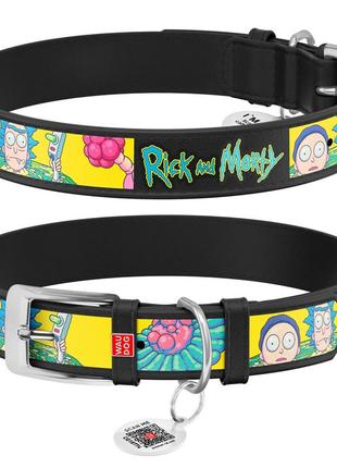 Нашийник для собак шкіряний waudog design з qr паспортом, малюнок "рік та морті 1", xl, ш 35 мм, д 46-59 см,