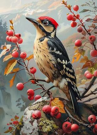 Набір для вишивання хрестиком "дятел з червоними ягодами".aida 11ct printed , 30*40 см