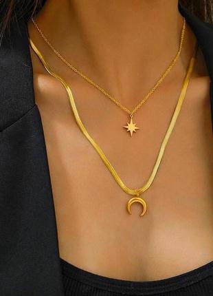 Кулон лунниця з зіркою, широкий ланцюжок. нержавіюча сталь. колір золото