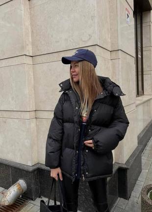 Женская куртка с капюшоном зимняя теплая с карманами стильная дутая графит розовый...