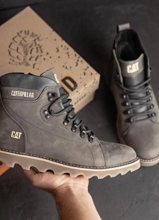 Кожаные мужские ботинки зимние caterpillar серые, теплые высокие ботинки на меху на толстой подошве *408 сір*