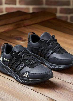 Осенние весенние мужские кожаные кроссовки noir adidas (адидас) черные из кожи весна осень *386-черн (а-30)* prime