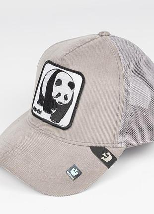 Кепка "goorin brothers" мужская широкая серая с черно-белой нашивкой "панда". сетка + вельвет