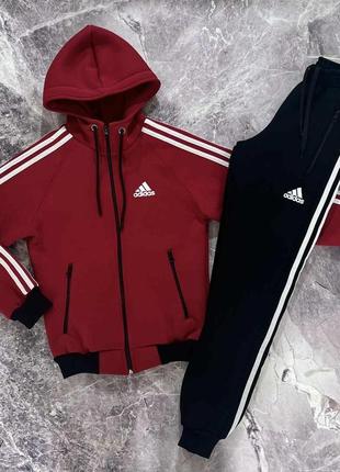 Теплий костюм толстовка та штани adidas на хлопчика підлітка, дитячий червоний адідас тринитка на флісі 10-14 л