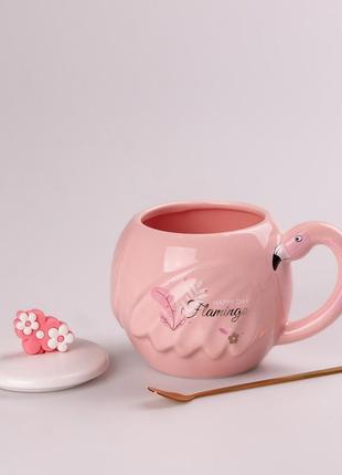 Чашка керамічна flamingo 500мл з кришкою і ложкою чашки для кави2 фото