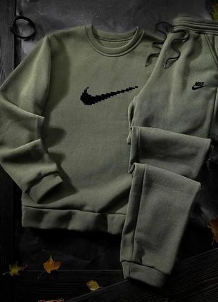Мужской спортивный костюм nike на флисе хаки свитшот и брюки | теплый спортивный костюм на зиму топ качество